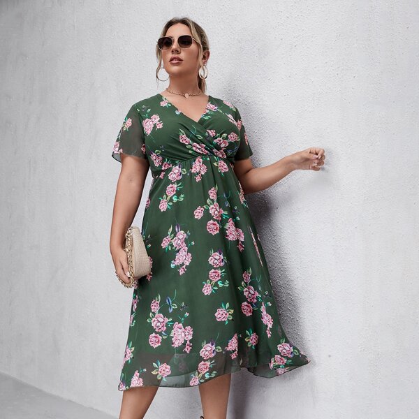 

Plus Surplice Front Floral Print Overlay Dress, Army green