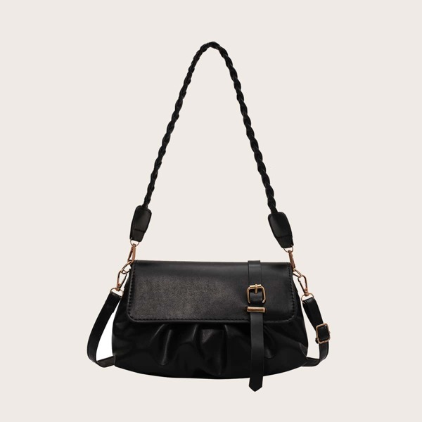 

Buckle Decor Flap Ruched Shoulder Bag, Black