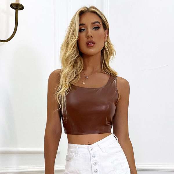 

Scoop Neck PU Leather Tank Top, Rust brown