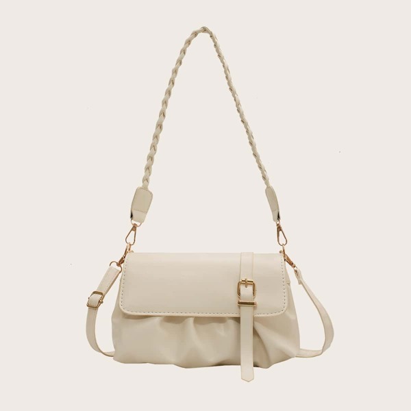 

Buckle Decor Flap Ruched Shoulder Bag, Beige