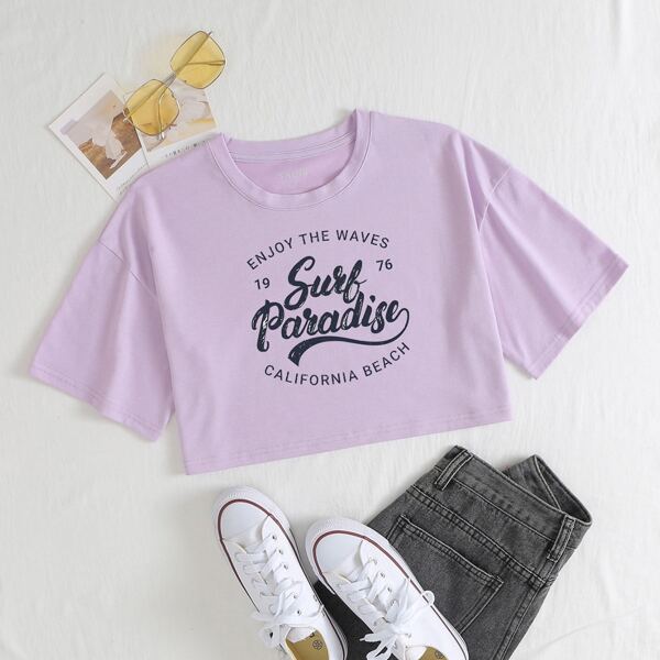 

Slogan Graphic Drop Sleeve Crop Tee, Mauve purple