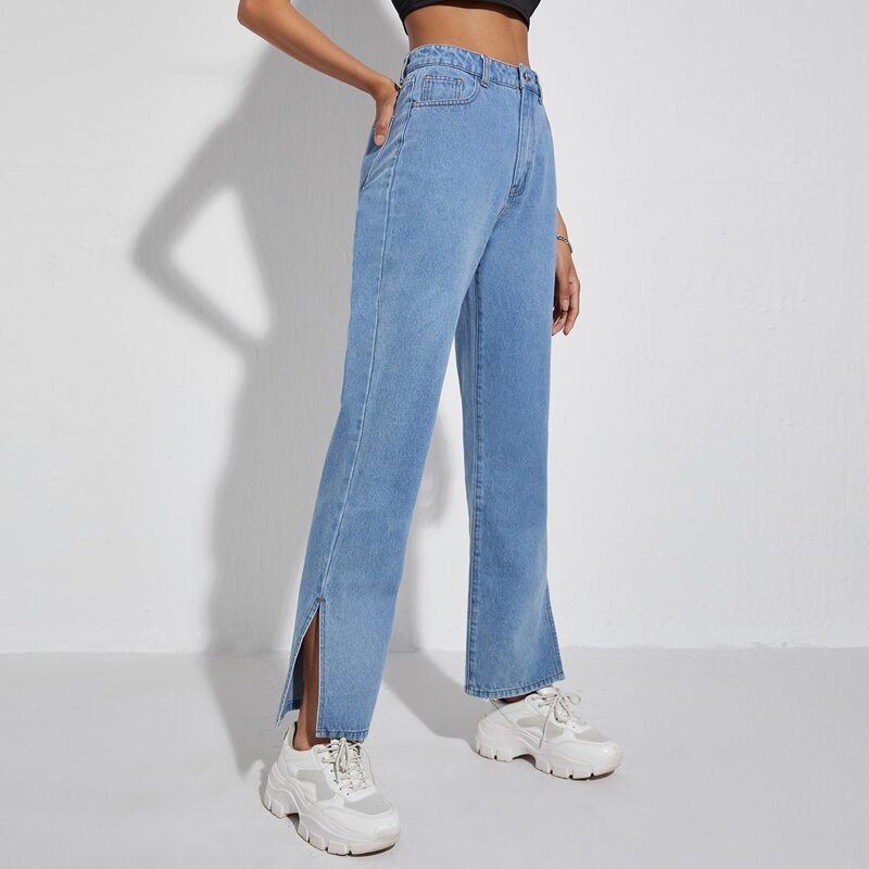 

High Waist Slit Hem Straight Leg Jeans, Light wash