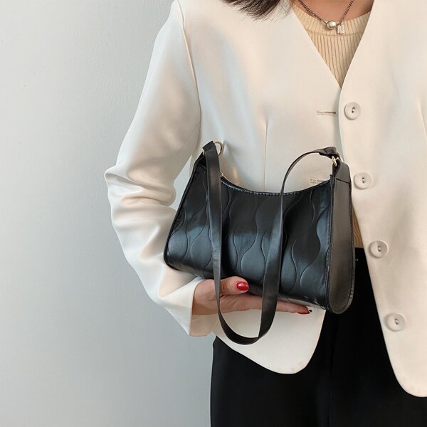 

Textured Baguette Bag, Black