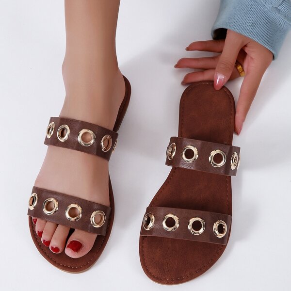 

Eyelet Decor Slide Sandals, Brown