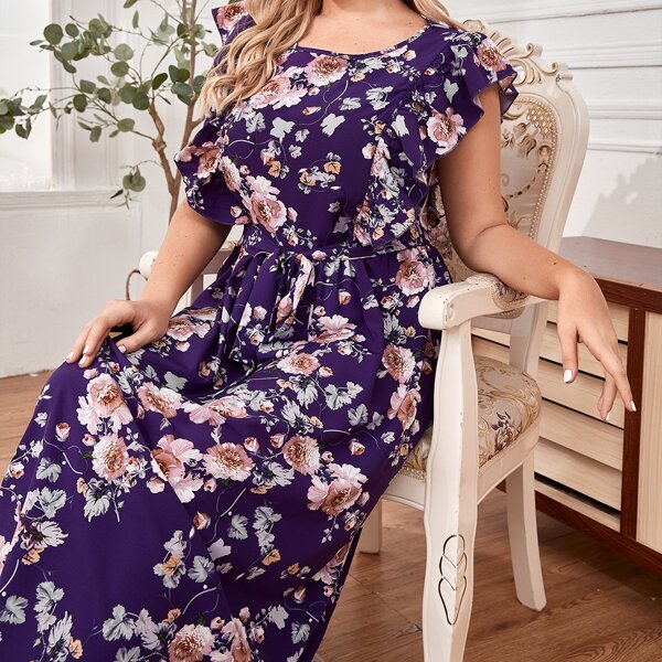 

Plus Ruffle Trim Self Belted Floral Dress, Navy blue