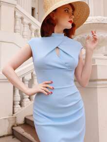 MIUSOL Đầm Cắt ra màu trơn Thanh lịch - Màu xanh nhạt - Xem 4