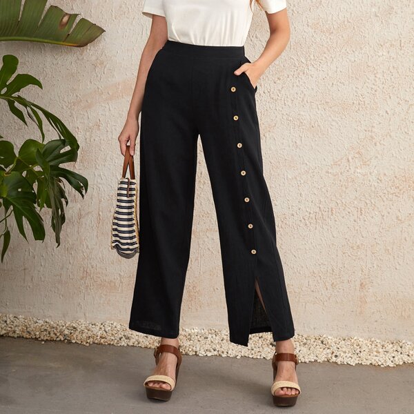 

Button Front Straight Leg Pants, Black