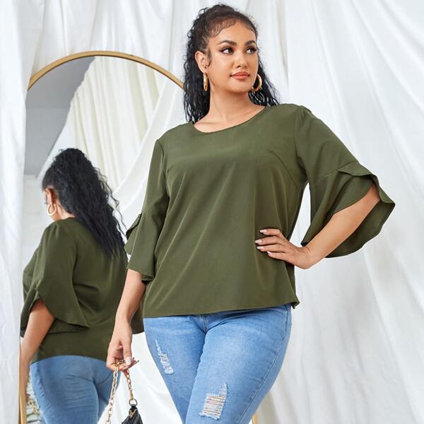 

Plus Solid Flounce Sleeve Blouse, Army green