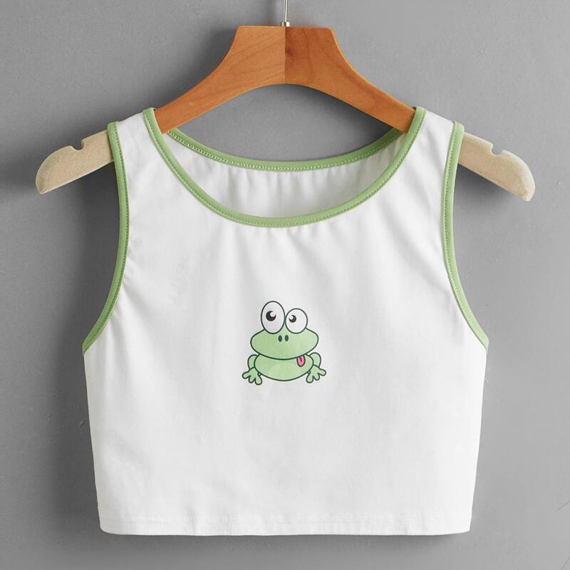

Cartoon Frog Graphic Ringer Tank Top, White