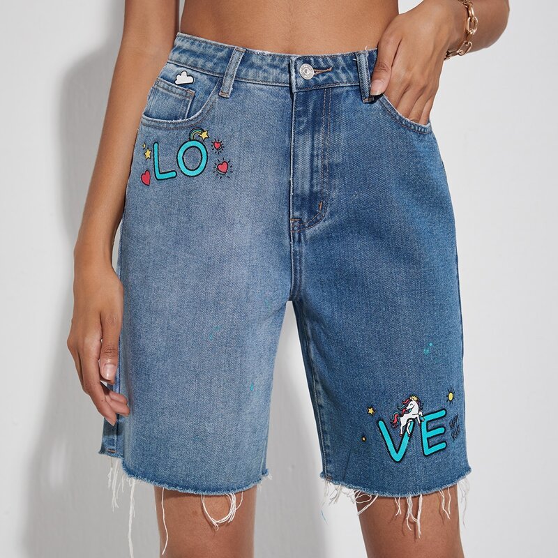 

Letter & Graphic Print Bermuda Denim Shorts, Medium wash
