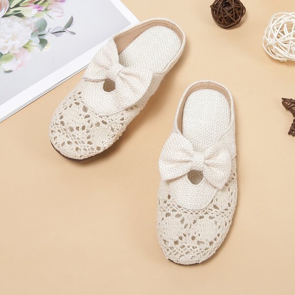 

Girls Bow Decor Lace Flat Mules, Beige