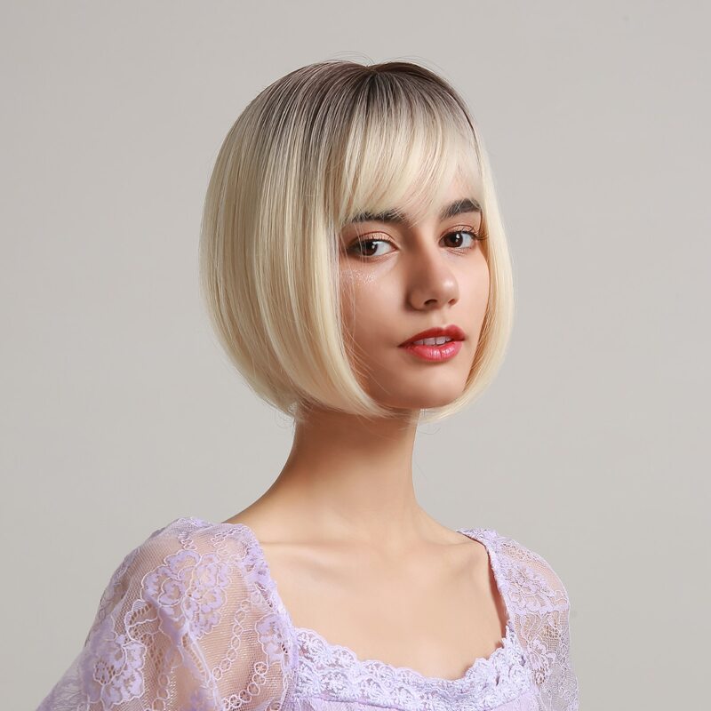

Short Straight Wig With Bangs, Gold