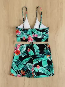 Conjunto de bikini con pantalones cortos con cordón frontal estilo tropical para playa de verano - Multicolor - Ver 2