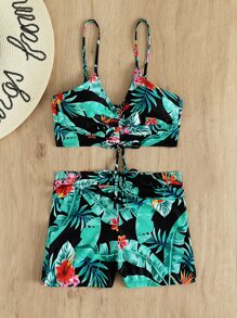 Conjunto de bikini con pantalones cortos con cordón frontal estilo tropical para playa de verano - Multicolor - Ver 3