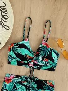 Conjunto de bikini con pantalones cortos con cordón frontal estilo tropical para playa de verano - Multicolor - Ver 5