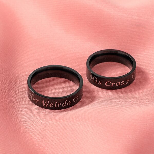 

2pcs Letter Graphic Couple Ring, Black