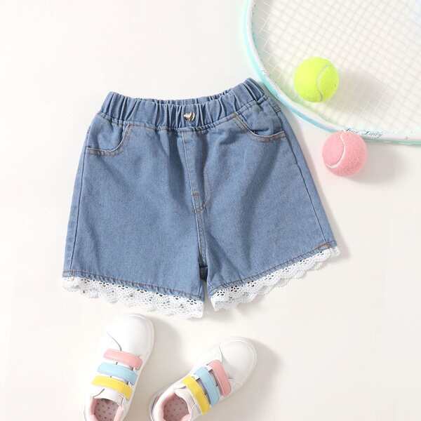 

Girls Lace Insert Denim Shorts, Medium wash