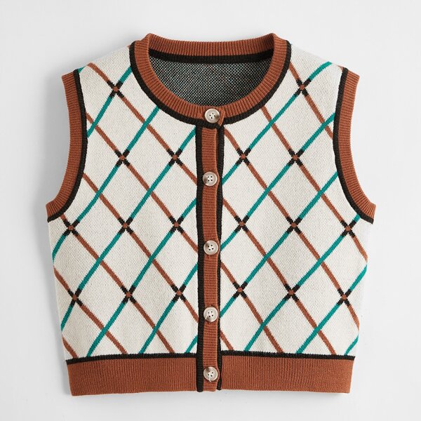 

Girls Plaid Button Up Sleeveless Cardigan, Multicolor