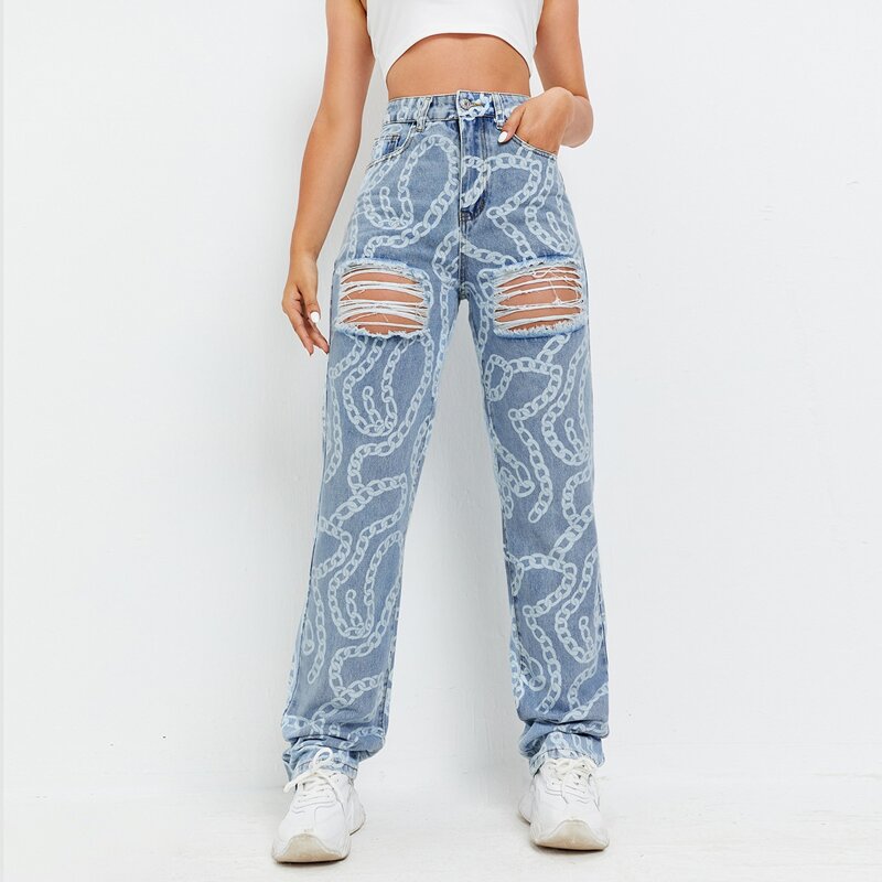 

High Waist Chain Print Ripped Jeans, Light wash