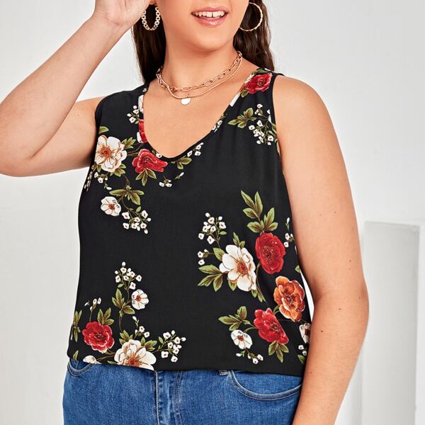 

Plus Floral Print Tank Top, Black