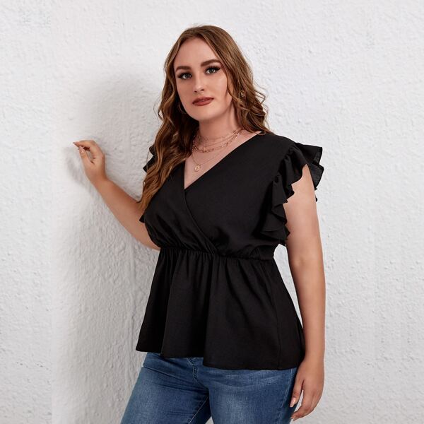 

Plus Butterfly Sleeve Ruffle Hem Blouse, Black