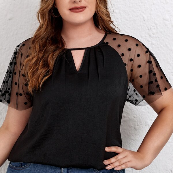 

Plus Contrast Mesh Polka Dot Cut Out Blouse, Black