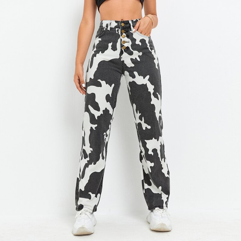 

Cow Print Button Front Straight Leg Jeans, Black and white