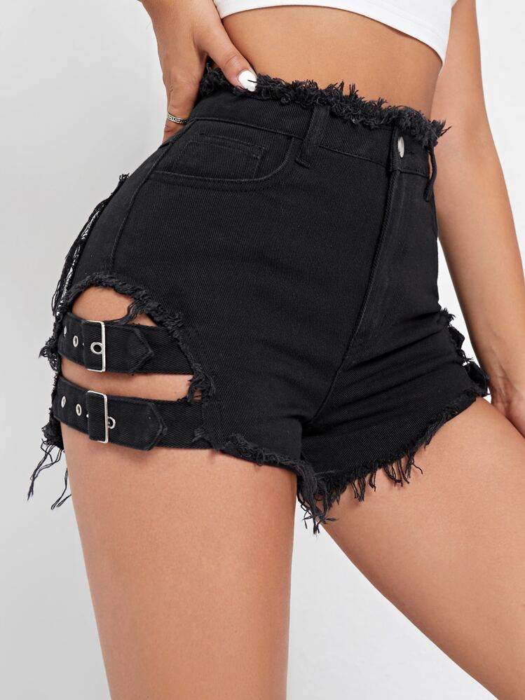 SHEIN ICON 毛邊帶細節牛仔短褲 - 黑色 - 查看 2