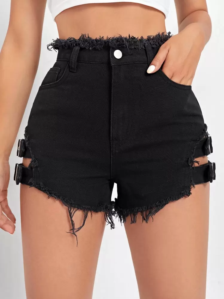 SHEIN ICON 毛邊帶細節牛仔短褲 - 黑色 - 查看 3