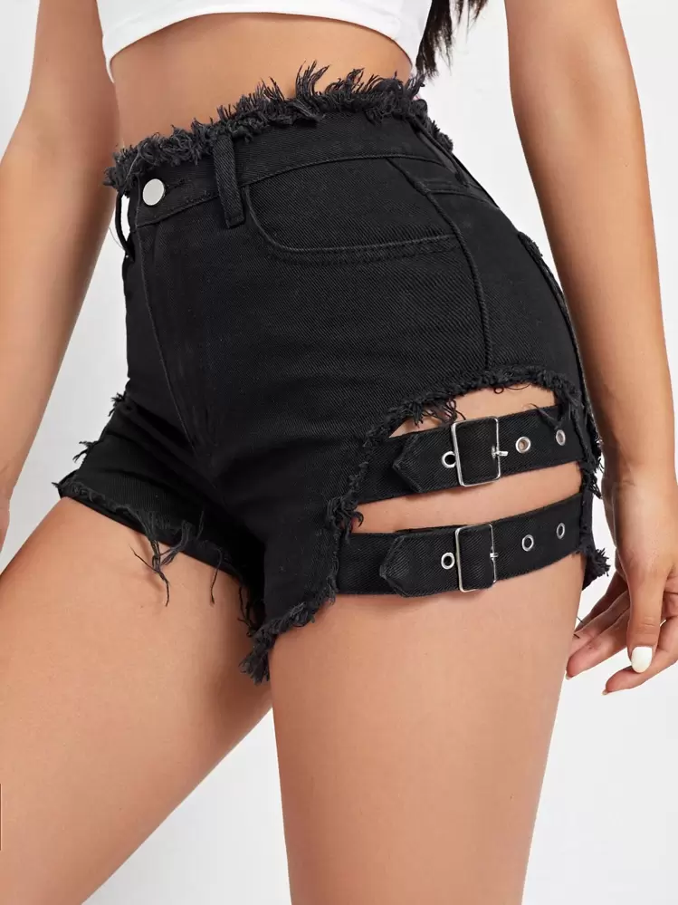 SHEIN ICON 毛邊帶細節牛仔短褲 - 黑色 - 查看 5