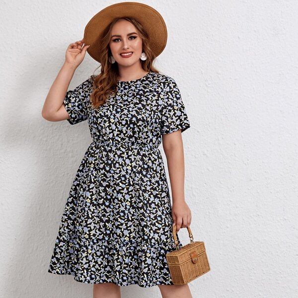 

Plus Allover Floral Print A-line Dress, Multicolor