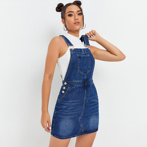 

Button Side Patch Pocket Overall Denim Dress, Medium wash