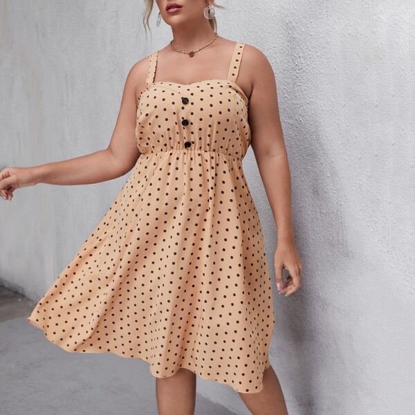 

Plus Polka Dot Fake Button Cami Dress, Apricot