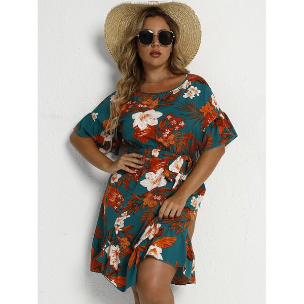 

Plus Floral Print Ruffle Hem Belted Dress, Multicolor