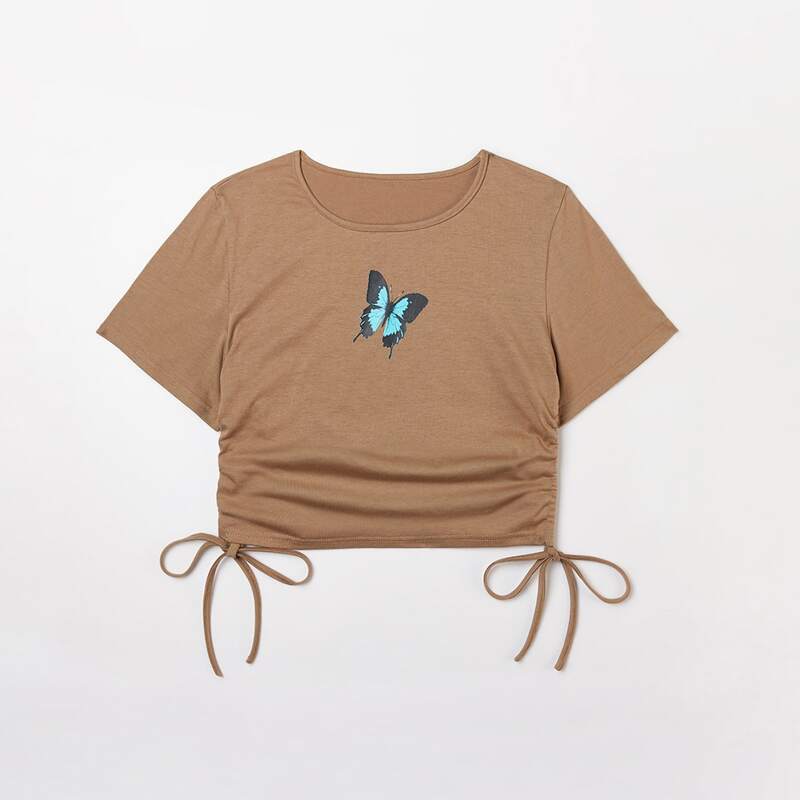 

Butterfly Graphic Drawstring Ruched Tee, Brown