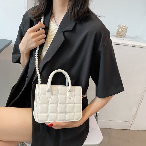 

Quilted Faux Pearl Strap Satchel Bag, White