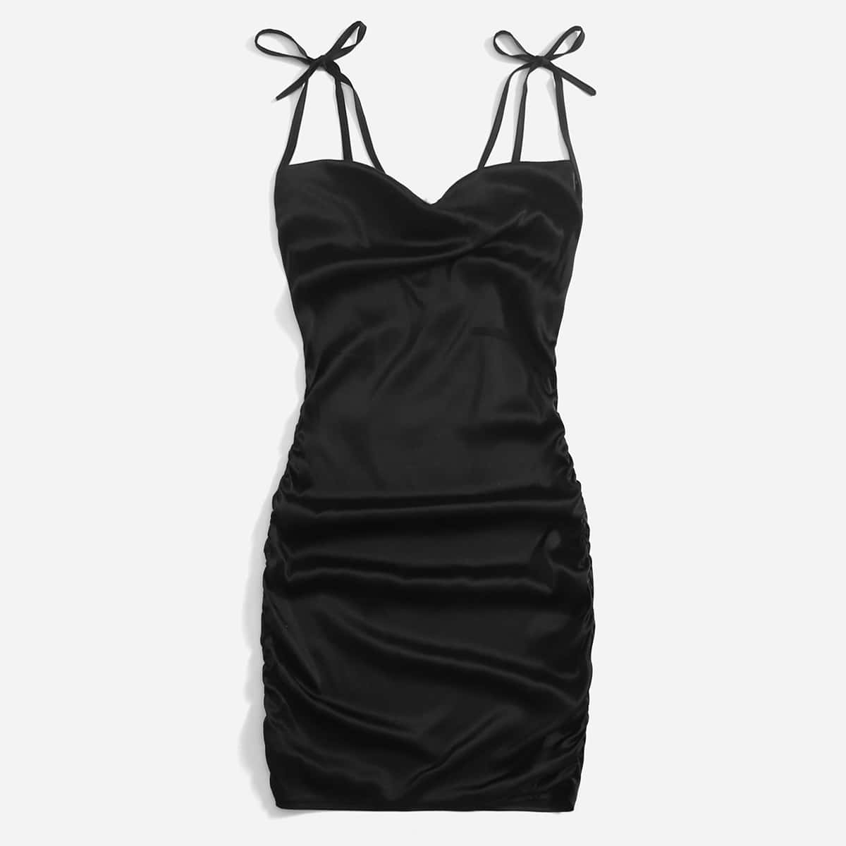 

Solid Satin Tie Shoulder Dress, Black