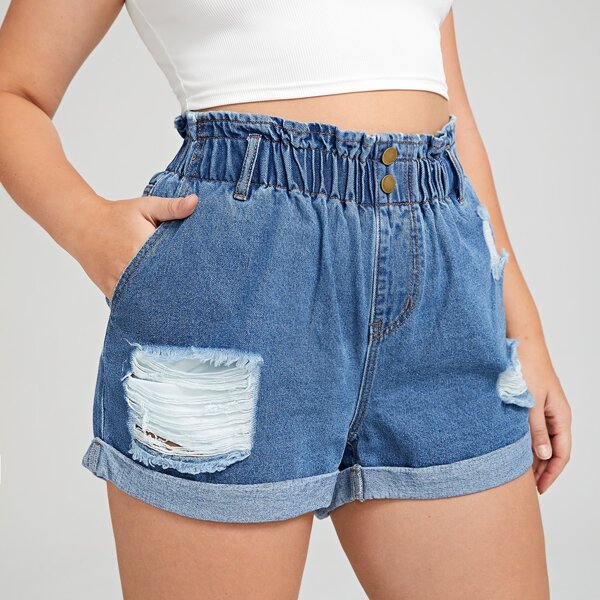 

Plus Paper Bag Waist Roll Up Hem Denim Shorts, Medium wash