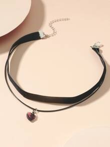 Heart Charm Layered Necklace Valentines,Mom,Mother,Mother's Day,Gift - Black - View 3