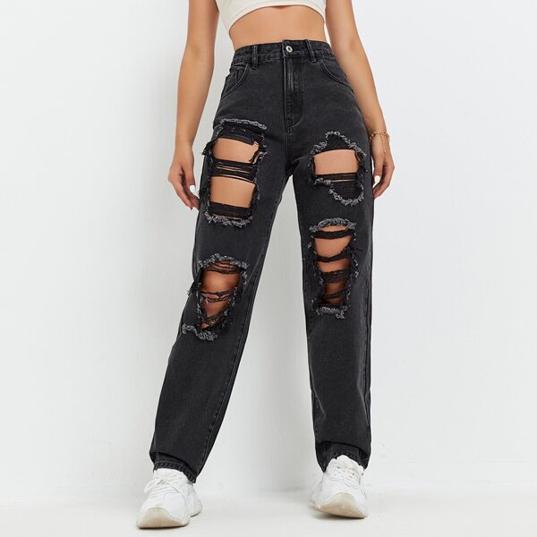 

High Waist Ripped Straight Jeans, Dark grey