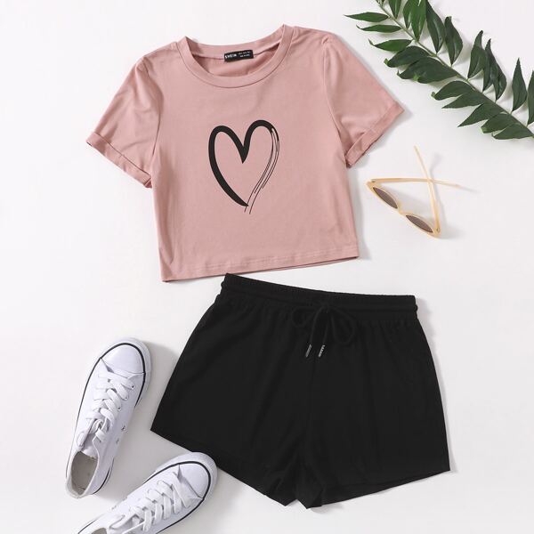 

Plus Heart Print Tee With Shorts, Multicolor