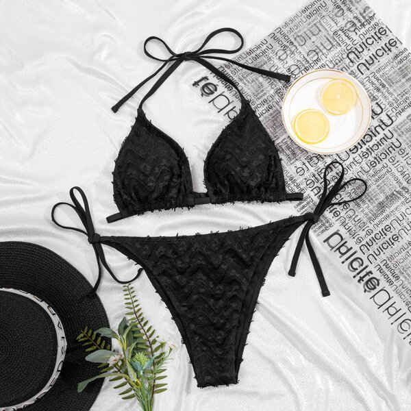 

Halter Tie Side Bikini Swimsuit, Black