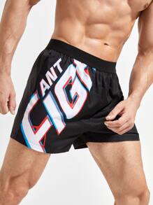 Men Letter Graphic Elastic Waist Sports Shorts - Black - View 1