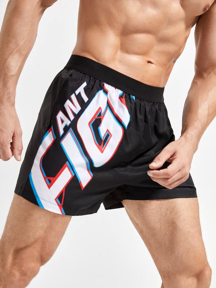 Men Letter Graphic Elastic Waist Sports Shorts - Black - View 1
