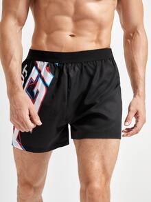 Men Letter Graphic Elastic Waist Sports Shorts - Black - View 3