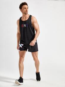 Men Letter Graphic Elastic Waist Sports Shorts - Black - View 5