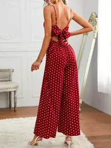 SHEIN 繫帶露背波卡圓點吊帶連身長褲 - 紅白色 - 查看 1