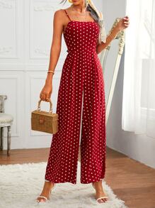 SHEIN 繫帶露背波卡圓點吊帶連身長褲 - 紅白色 - 查看 2