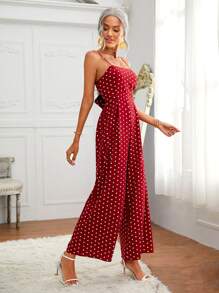SHEIN 繫帶露背波卡圓點吊帶連身長褲 - 紅白色 - 查看 4