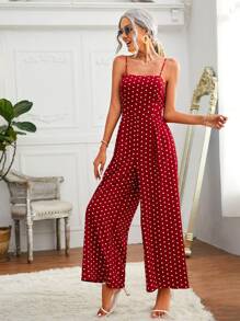 SHEIN 繫帶露背波卡圓點吊帶連身長褲 - 紅白色 - 查看 5